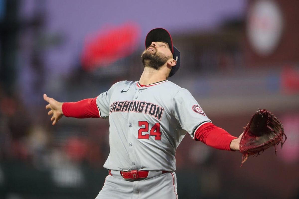 Apr 8, 2024; San Francisco, California, USA; Washington Nationals first baseman Joey Gallo (24) calls for an infield fly ball against the San Francisco Giants during the third inning at Oracle Park. Mandatory Credit: Robert Edwards-USA TODAY Sports