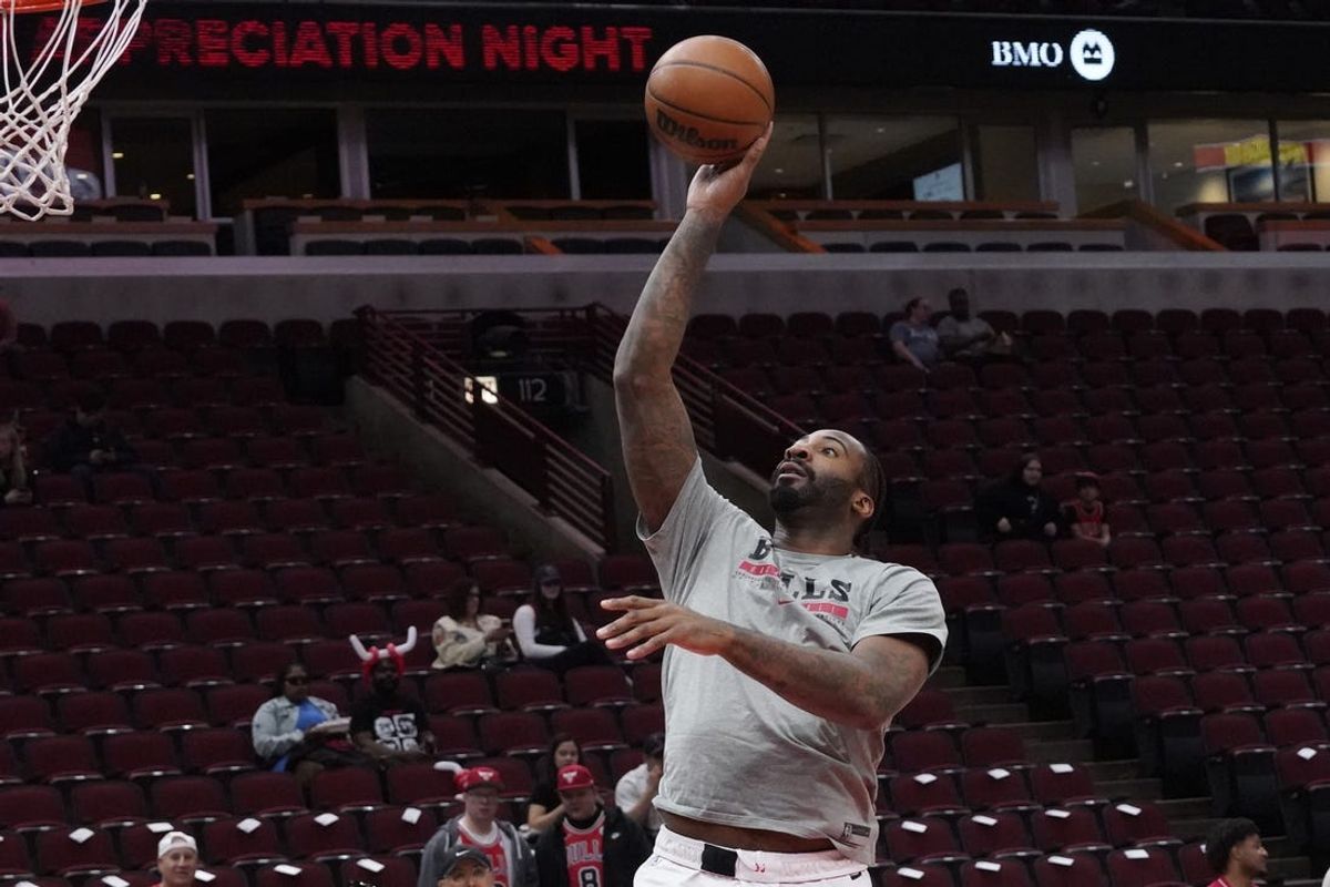 Apr 9, 2024; Chicago, Illinois, USA; Chicago Bulls center Andre Drummond (3) warms up before the game against the New York Knicks at United Center. Mandatory Credit: David Banks-USA TODAY Sports