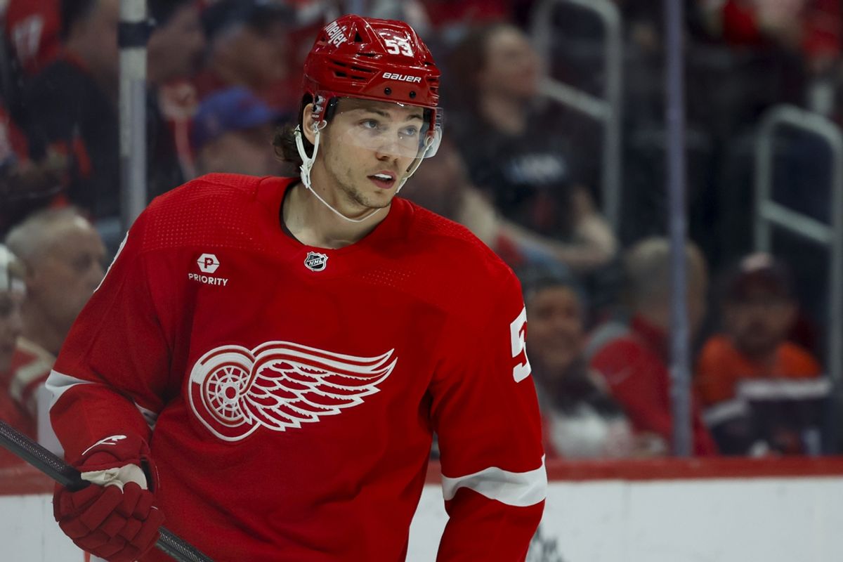 Apr 9, 2024; Detroit, Michigan, USA; Detroit Red Wings defenseman Moritz Seider (53) skates in the first period against the Washington Capitals at Little Caesars Arena. Mandatory Credit: Rick Osentoski-Imagn Images