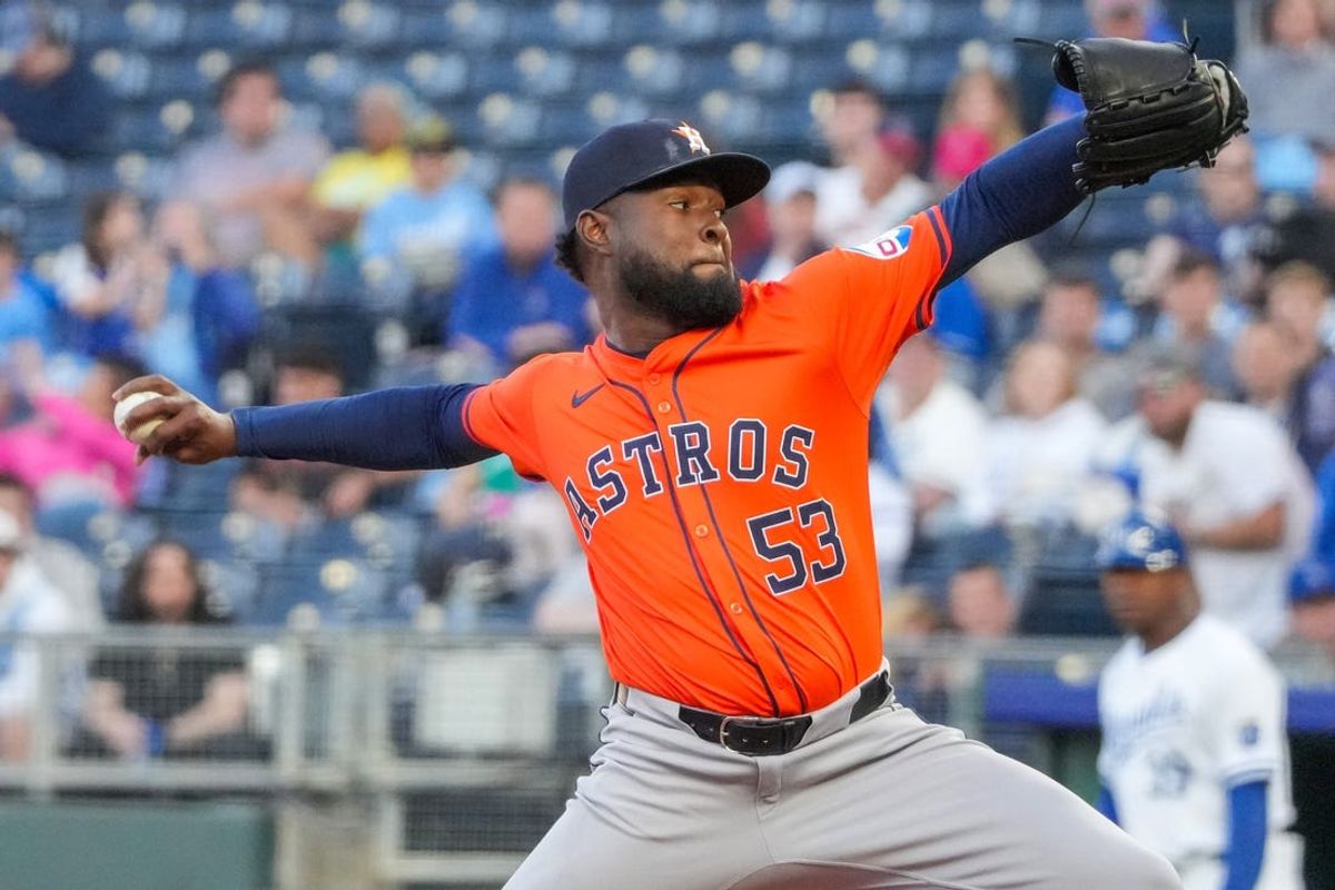 Apr 9, 2024; Kansas City, Missouri, USA; Houston Astros starting pitcher Cristian Javier (53) delivers a pitch against the Kansas City Royals in the first inning at Kauffman Stadium. Mandatory Credit: Denny Medley-USA TODAY Sports