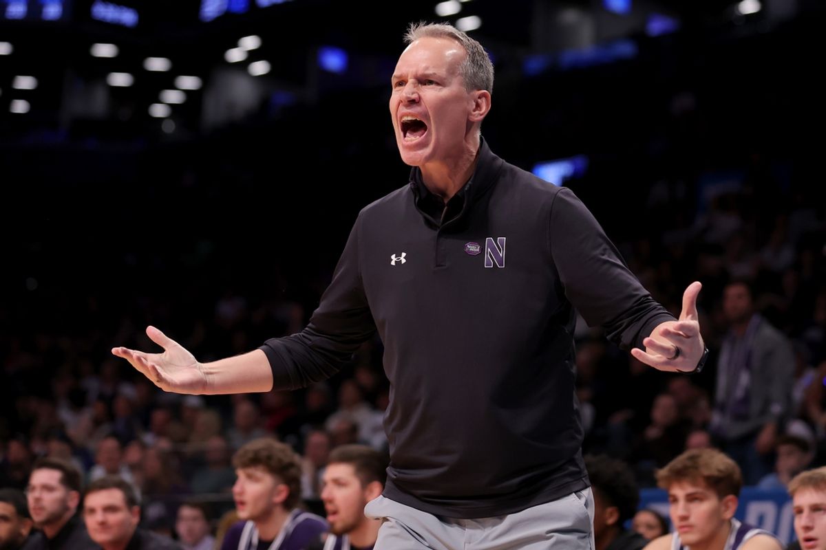 Mar 24, 2024; Brooklyn, NY, USA; Northwestern Wildcats head coach Chris Collins coaches against the Connecticut Huskies during the second half at Barclays Center. Mandatory Credit: Brad Penner-Imagn Images