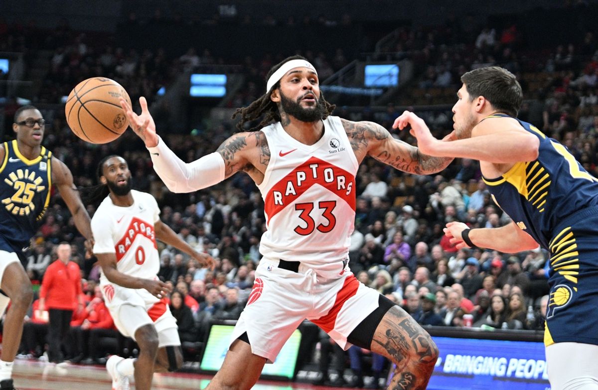 Apr 9, 2024; Toronto, Ontario, CAN;  Indiana Pacers forward Doug McDermott (20) knocks the ball from the hands of Toronto Raptors guard Gary Trent Jr. (3) in the first half at Scotiabank Arena. Mandatory Credit: Dan Hamilton-USA TODAY Sports