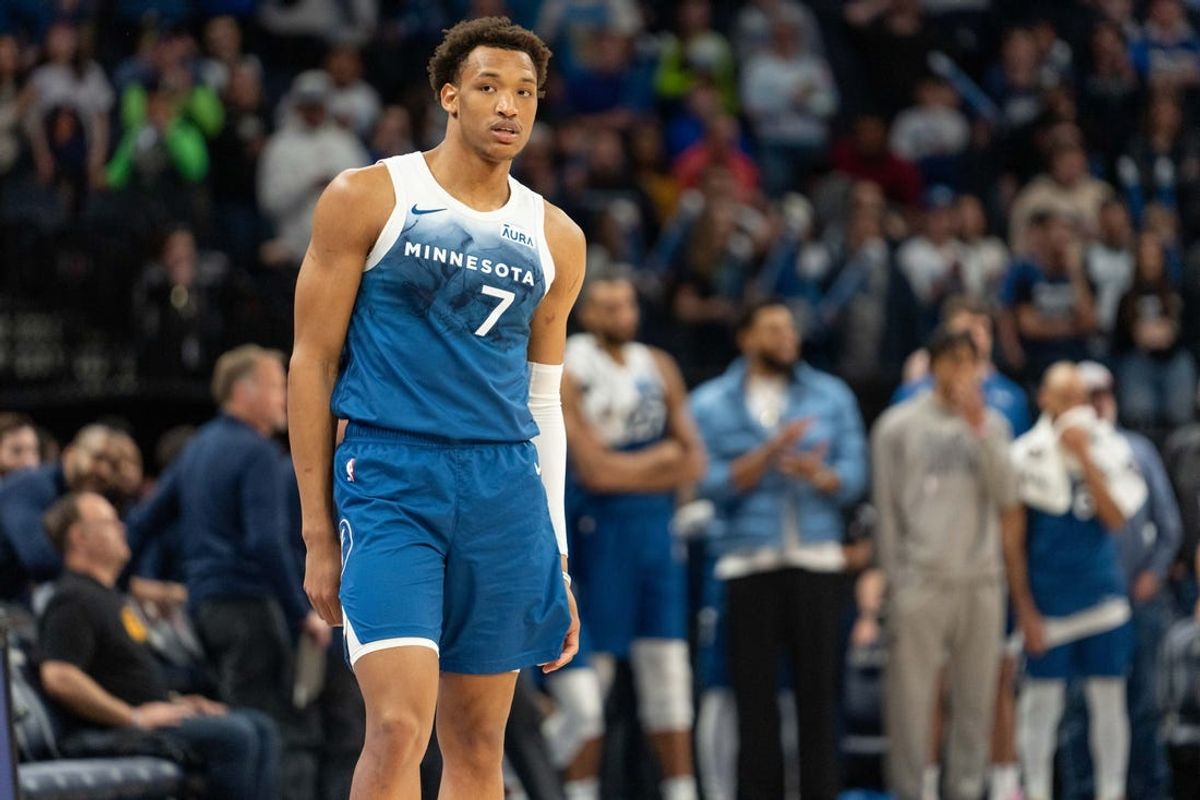 Apr 9, 2024; Minneapolis, Minnesota, USA; Minnesota Timberwolves guard Wendell Moore Jr. (7) during a break against the Washington Wizards in the fourth quarter at Target Center. Mandatory Credit: Matt Blewett-USA TODAY Sports