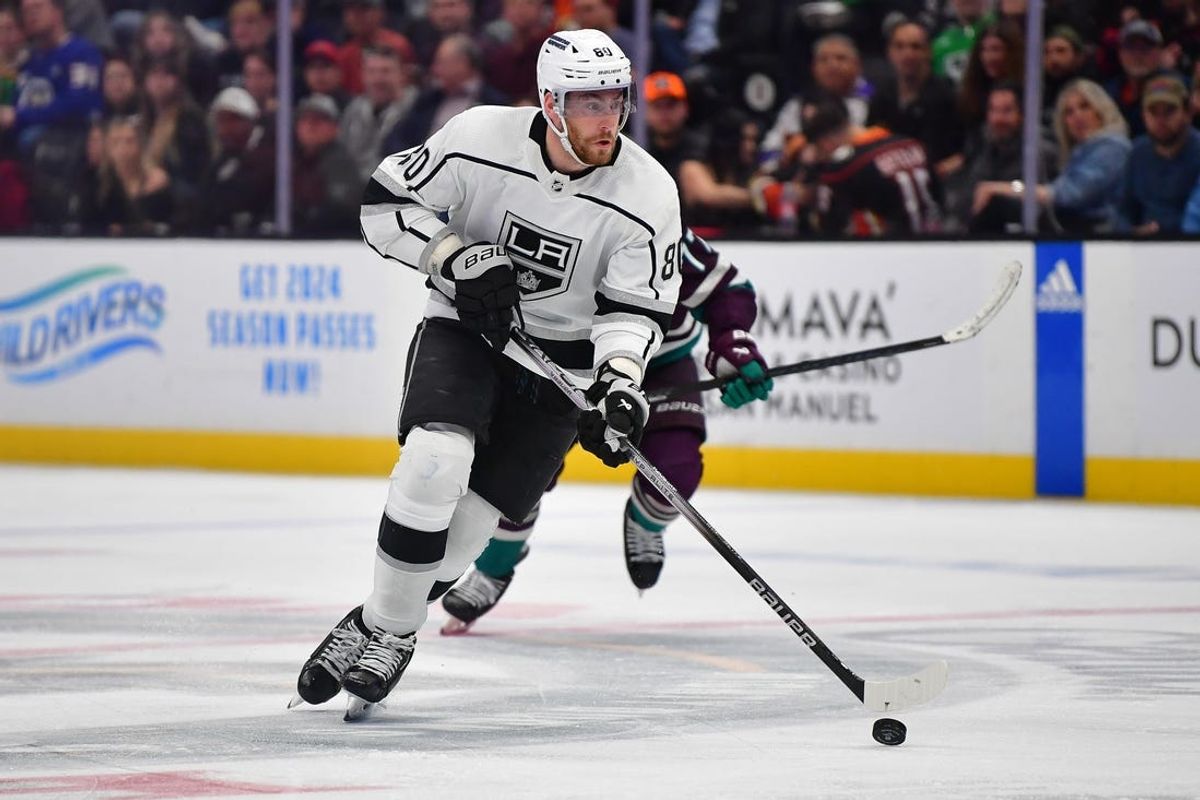 Apr 9, 2024; Anaheim, California, USA; Los Angeles Kings center Pierre-Luc Dubois (80) moves the puck against the Anaheim Ducks during the third period at Honda Center. Mandatory Credit: Gary A. Vasquez-USA TODAY Sports