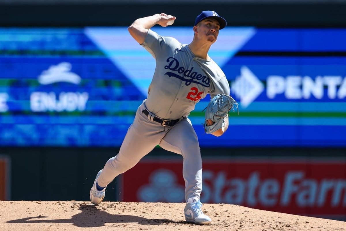 Apr 10, 2024; Minneapolis, Minnesota, USA; Los Angeles Dodgers starting pitcher Bobby Miller (28) delivers a pitch against the Minnesota Twins during the second inning at Target Field. Mandatory Credit: Matt Krohn-USA TODAY Sports