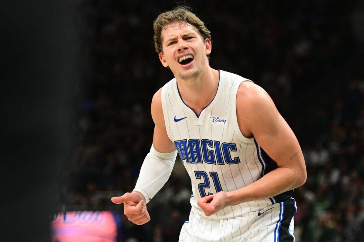 Apr 10, 2024; Milwaukee, Wisconsin, USA;  Orlando Magic center Moe Wagner (21) reacts in the second quarter against the Milwaukee Bucks at Fiserv Forum. Mandatory Credit: Benny Sieu-USA TODAY Sports