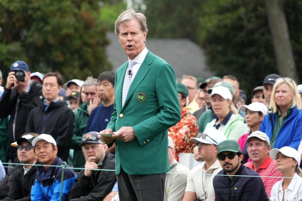 Apr 11, 2024; Augusta, Georgia, USA; Fred Ridley, chairman of Augusta National Golf Club speaks on the first tee during the first round of the Masters Tournament. Mandatory Credit: Kyle Terada-Imagn Images