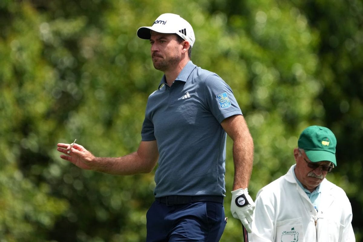 Apr 11, 2024; Augusta, Georgia, USA; Nick Taylor acknowledges the patrons after playing his shot from the fourth tee during the first round of the Masters Tournament. Mandatory Credit: Kyle Terada-USA TODAY Sports
