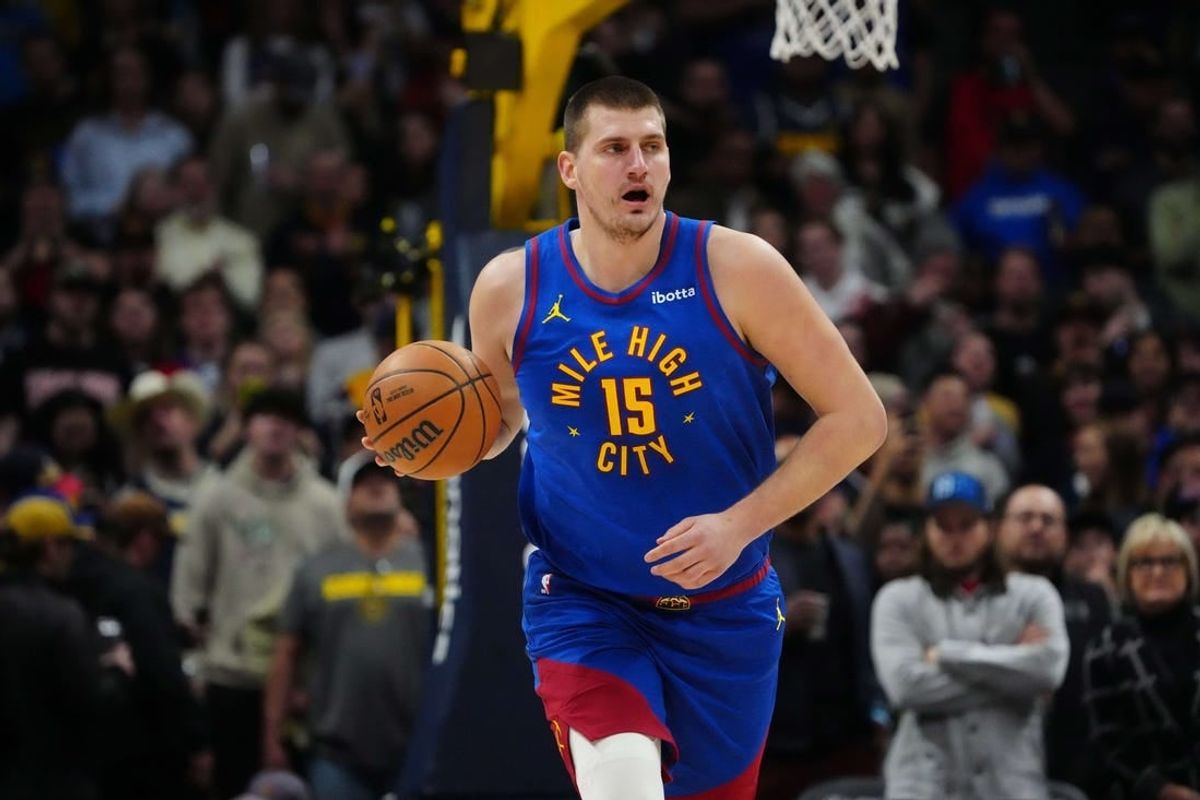Feb 2, 2024; Denver, Colorado, USA; Denver Nuggets center Nikola Jokic (15) during the first quarter against the Portland Trail Blazers at Ball Arena.