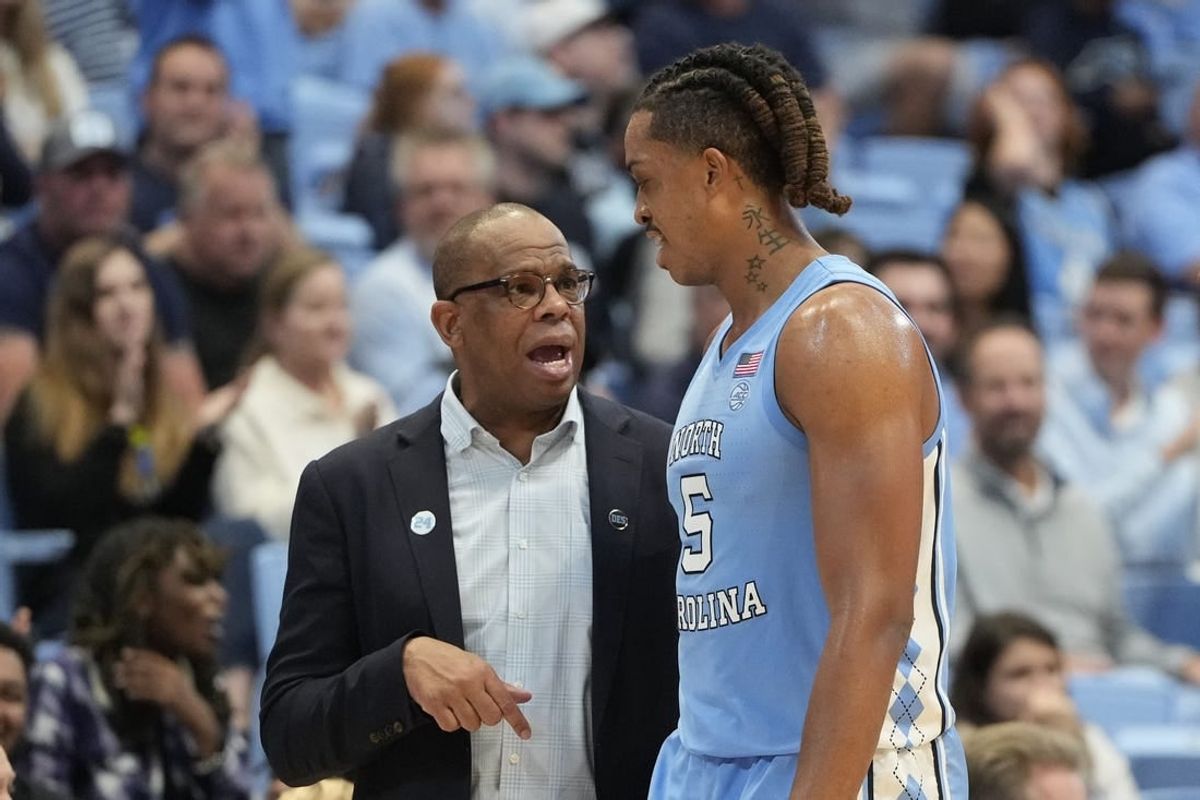 Nov 17, 2023; Chapel Hill, North Carolina, USA; North Carolina Tar Heels head coach Hubert Davis and forward Armando Bacot (5) in the second half at Dean E. Smith Center.