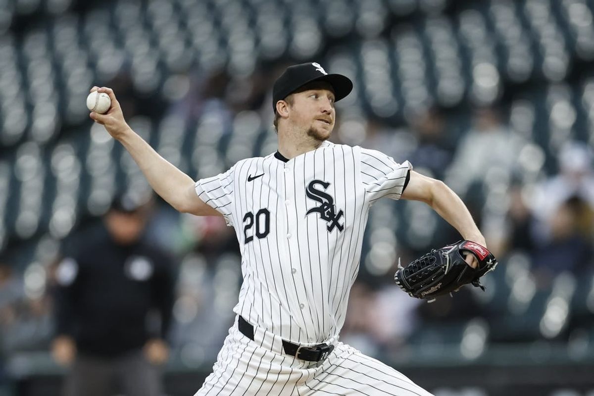 May 9, 2024; Chicago, Illinois, USA; Chicago White Sox starting pitcher Erick Fedde (20) delivers a pitch against the Cleveland Guardians during the first inning at Guaranteed Rate Field.