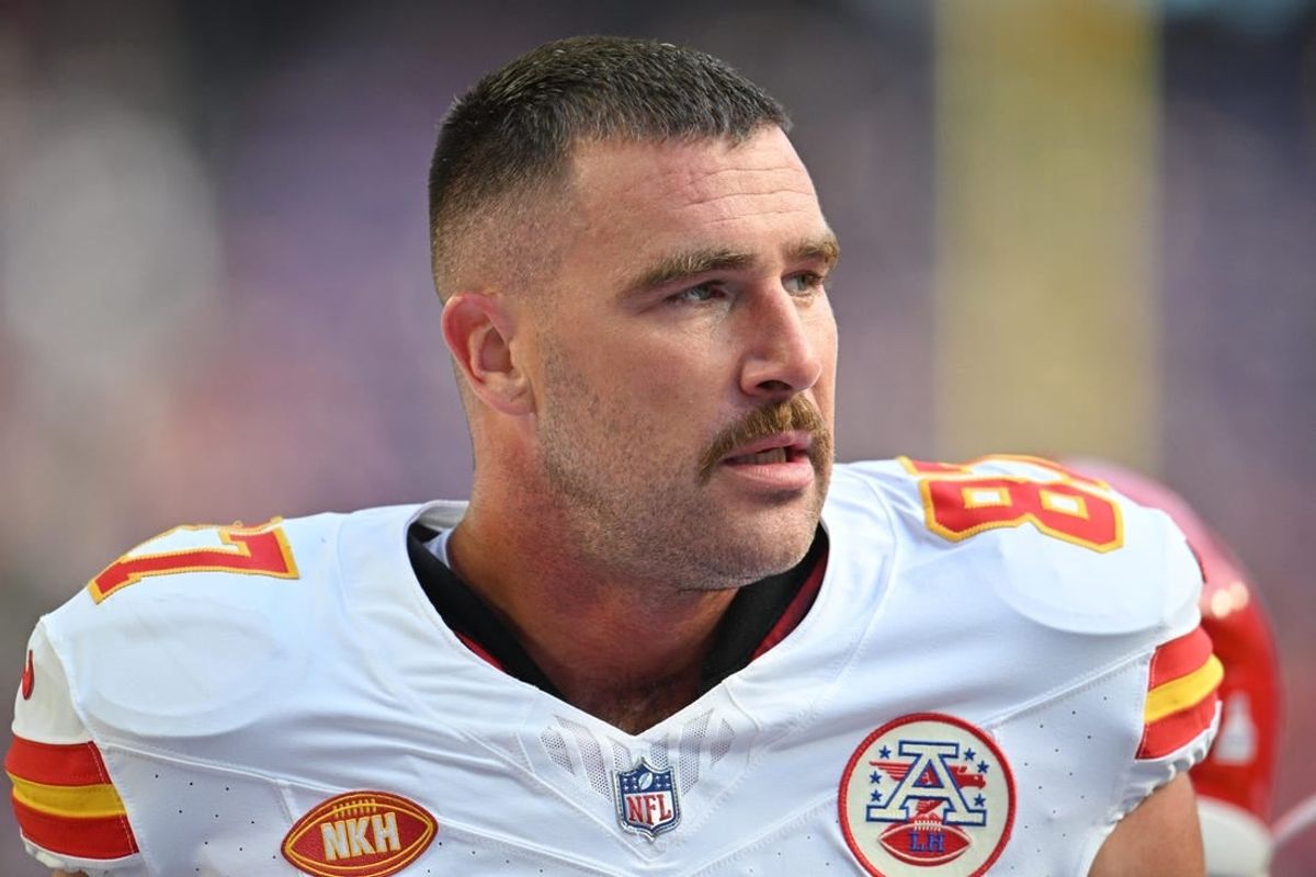 Oct 8, 2023; Minneapolis, Minnesota, USA; Kansas City Chiefs tight end Travis Kelce (87) looks on before the game against the Minnesota Vikings at U.S. Bank Stadium.