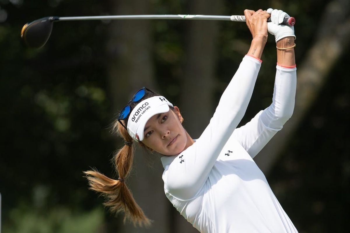 Aug 25, 2022; Ottawa, Ontario, CAN; Alison Lee of the United States tees off during the first round of the CP Women's Open golf tournament.