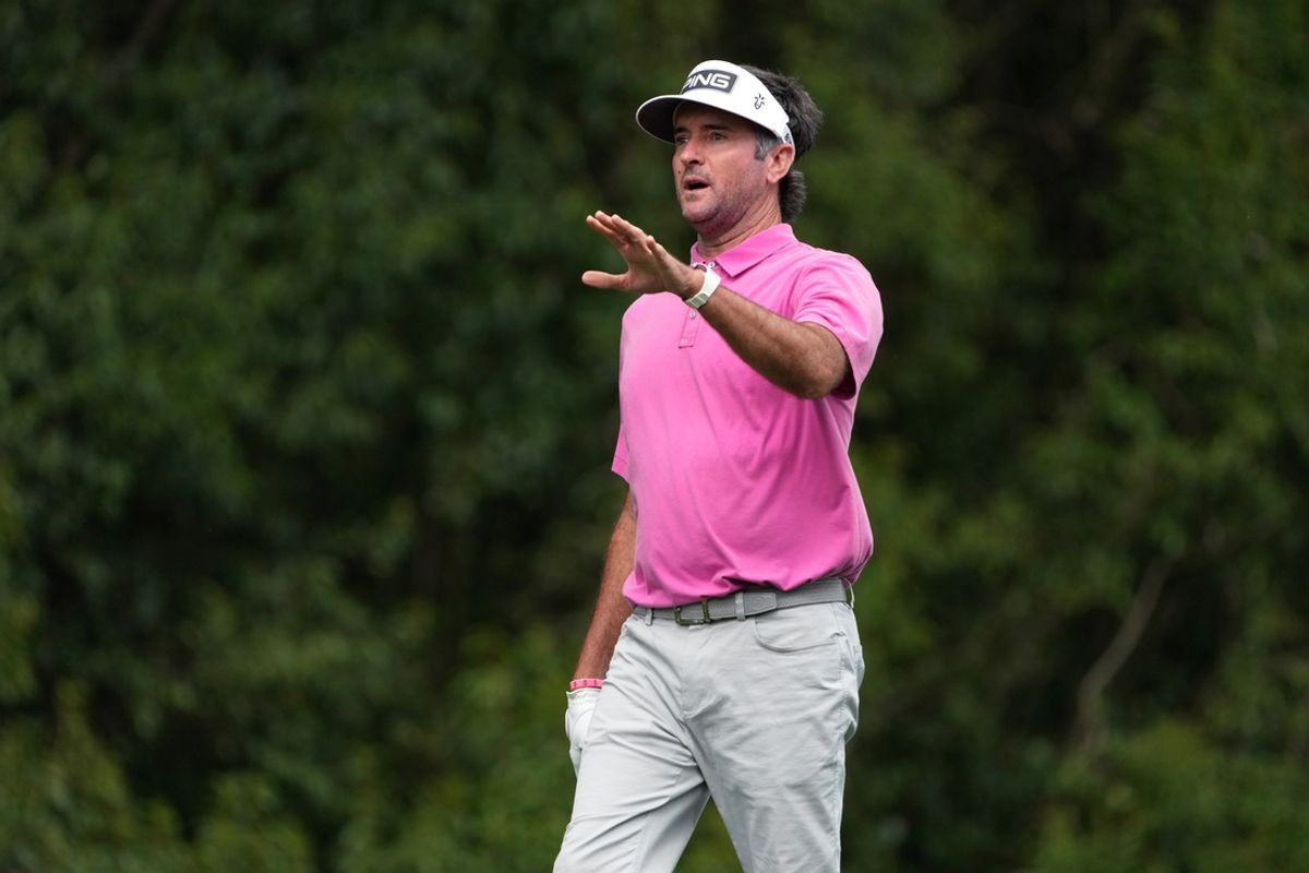 Apr 11, 2024; Augusta, Georgia, USA; Bubba Watson reacts after playing his shot from the fourth tee during the first round of the Masters Tournament. Mandatory Credit: Kyle Terada-Imagn Images