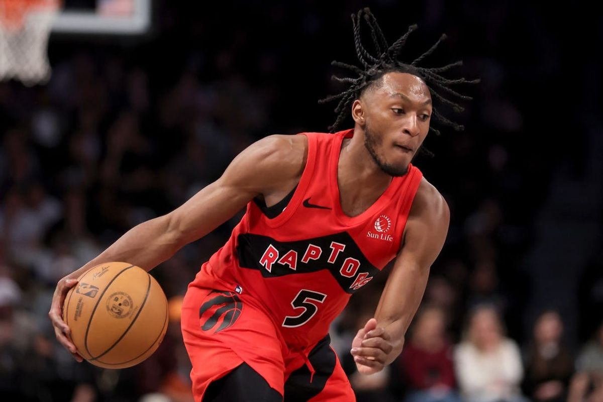 Apr 10, 2024; Brooklyn, New York, USA; Toronto Raptors guard Immanuel Quickley (5) handles the ball against the Brooklyn Nets during the fourth quarter at Barclays Center. Mandatory Credit: Brad Penner-USA TODAY Sports