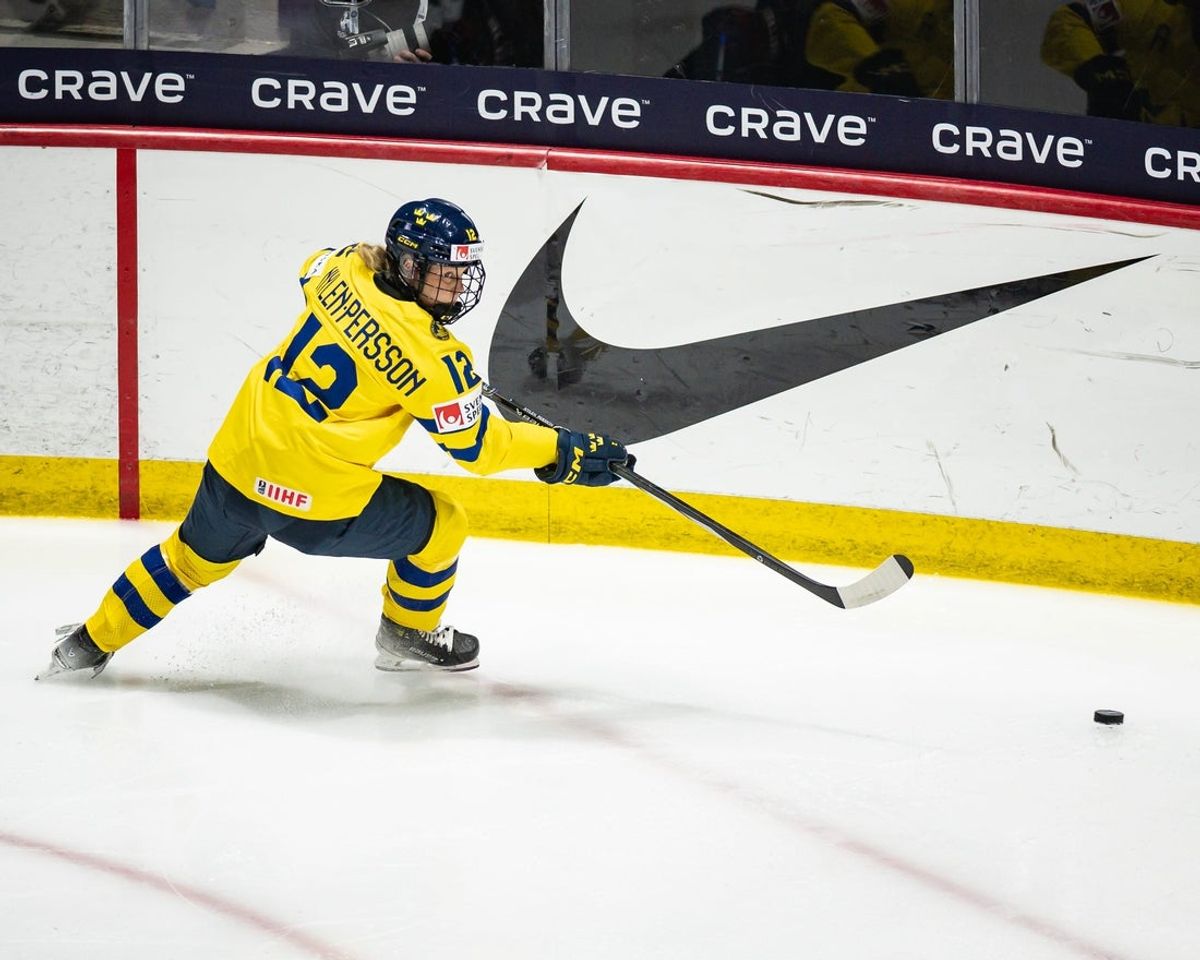 Sweden's Maja Nylen-Persson passes the puck at the Adirondack Bank Center in Utica, NY on Thursday, April 11, 2024.