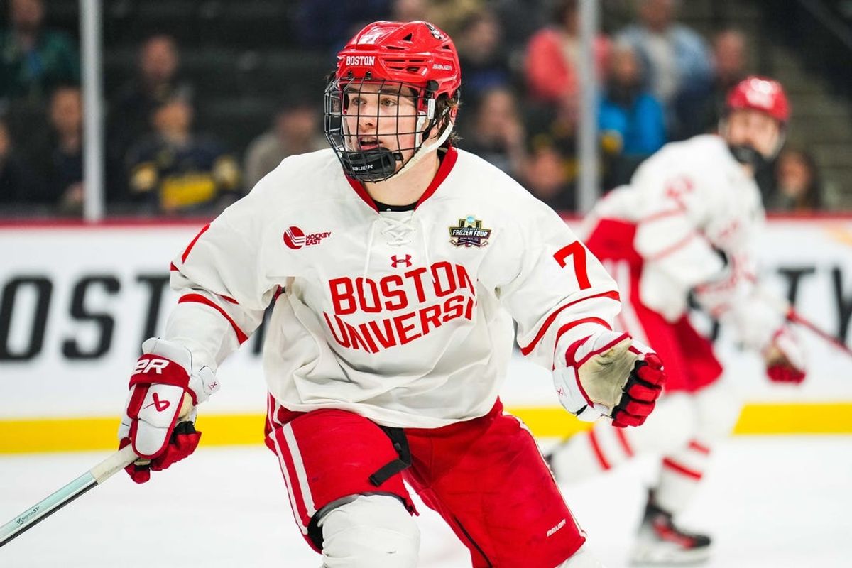 Apr 11, 2024; Saint Paul, Minnesota, USA; Boston U. forward Macklin Celebrini (71) looks on in the semifinals of the 2024 Frozen Four college ice hockey tournament during the first period against the Denver at Xcel Energy Center. Mandatory Credit: Brace Hemmelgarn-USA TODAY Sports