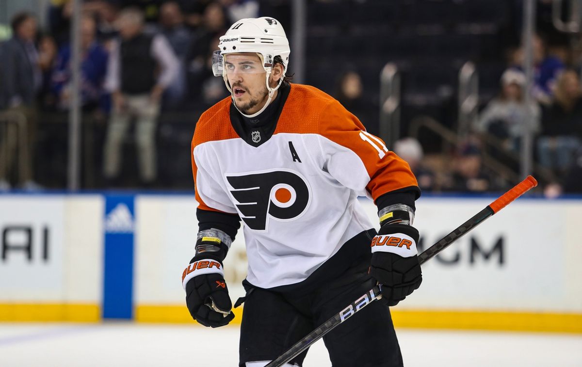 Apr 11, 2024; New York, New York, USA; Philadelphia Flyers center Travis Konecny (11) celebrates his goal against the New York Rangers during the second period at Madison Square Garden. Mandatory Credit: Danny Wild-USA TODAY Sports