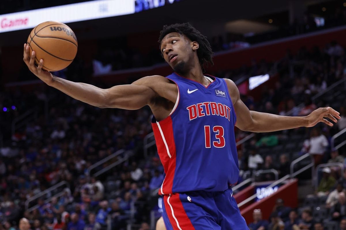 Apr 11, 2024; Detroit, Michigan, USA;  Detroit Pistons center James Wiseman (13) grabs the rebound in the second half against the Chicago Bulls at Little Caesars Arena. Mandatory Credit: Rick Osentoski-USA TODAY Sports