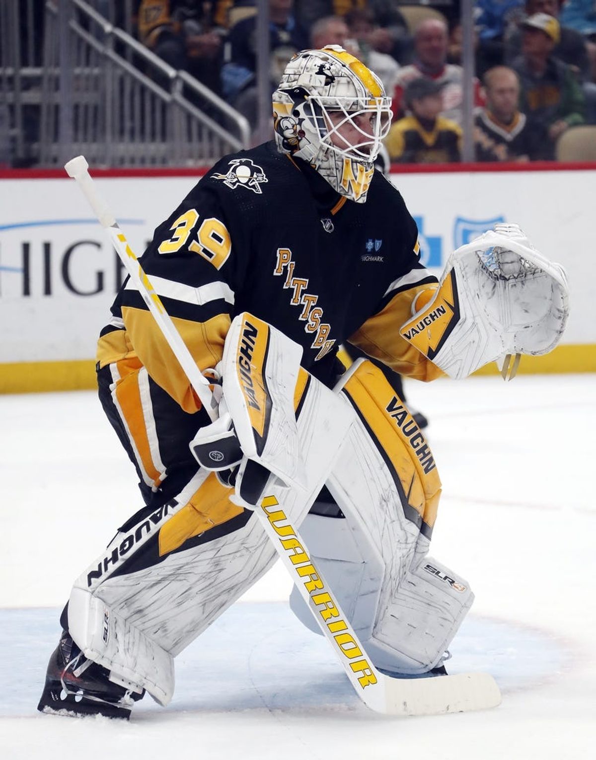 Apr 11, 2024; Pittsburgh, Pennsylvania, USA; Pittsburgh Penguins goaltender Alex Nedeljkovic (39) guards the net against the Detroit Red Wings during the second period at PPG Paints Arena. Pittsburgh won 6-5 in overtime. Mandatory Credit: Charles LeClaire-USA TODAY Sports