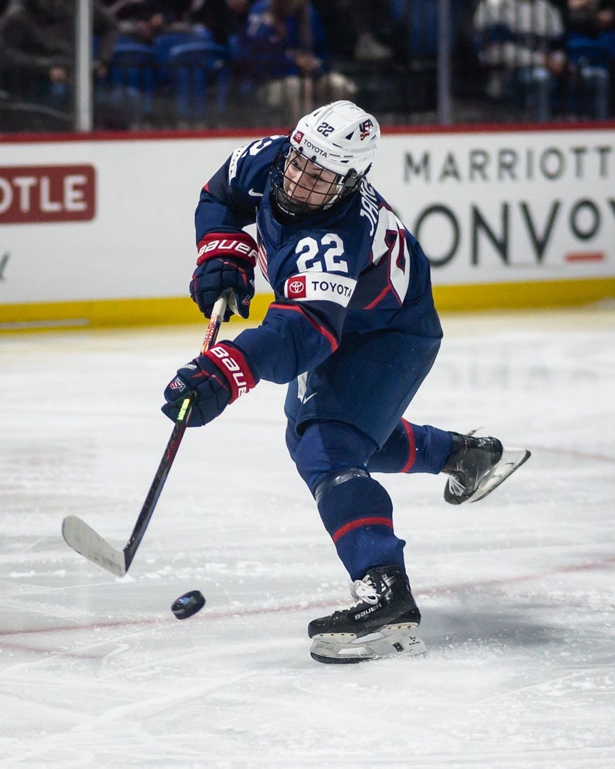 USA's Tessa Janecke shoots the puck at the Adirondack Bank Center in Utica, NY on Thursday, April 11, 2024.