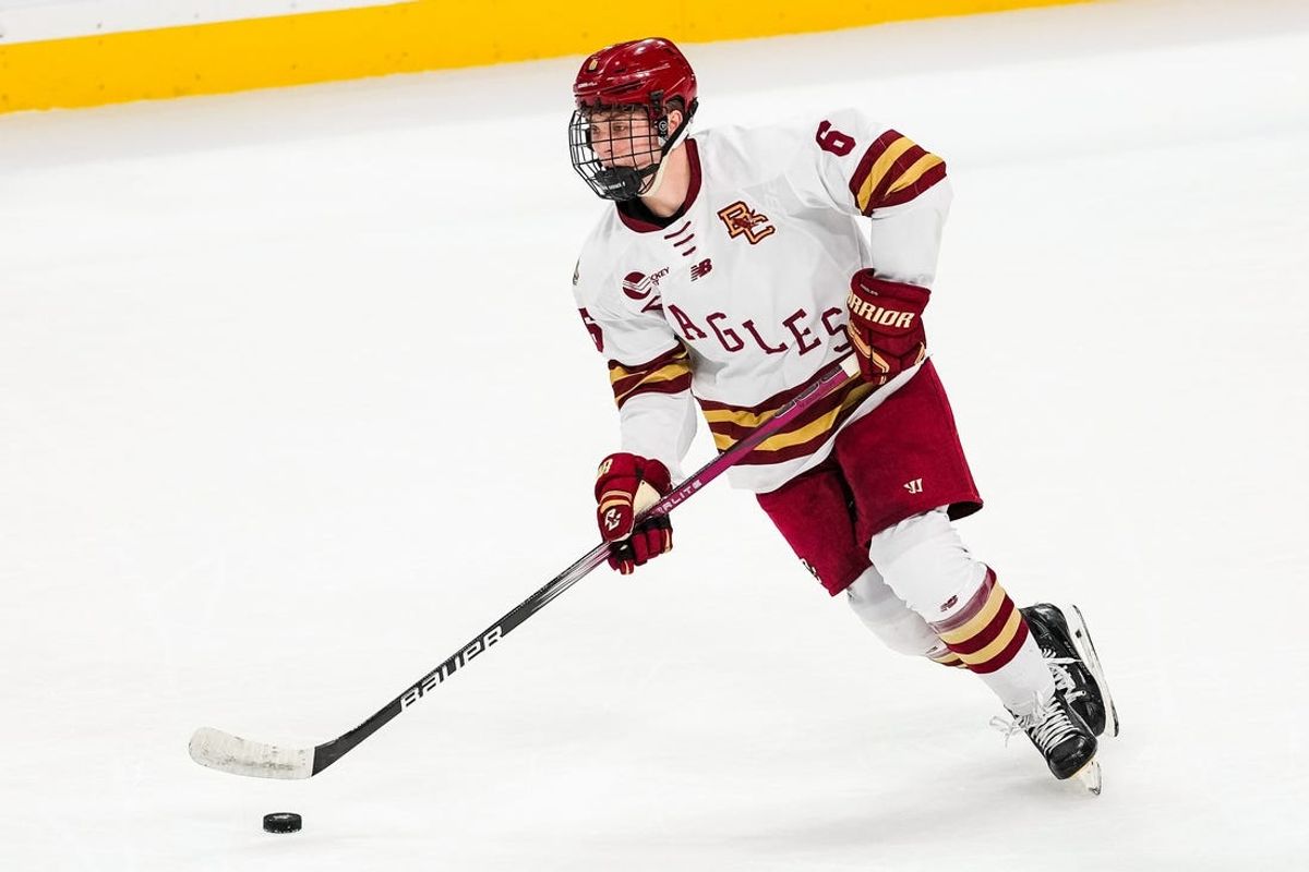 Apr 11, 2024; Saint Paul, Minnesota, USA; Boston College Eagles forward Will Smith (6) carries the puck in the semifinals of the 2024 Frozen Four college ice hockey tournament against the Michigan Wolverines at Xcel Energy Center. Mandatory Credit: Brace Hemmelgarn-USA TODAY Sports