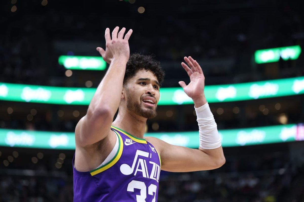 Apr 11, 2024; Salt Lake City, Utah, USA; Utah Jazz guard Johnny Juzang (33) reacts to a play against the Houston Rockets during the third quarter at Delta Center. Mandatory Credit: Rob Gray-USA TODAY Sports