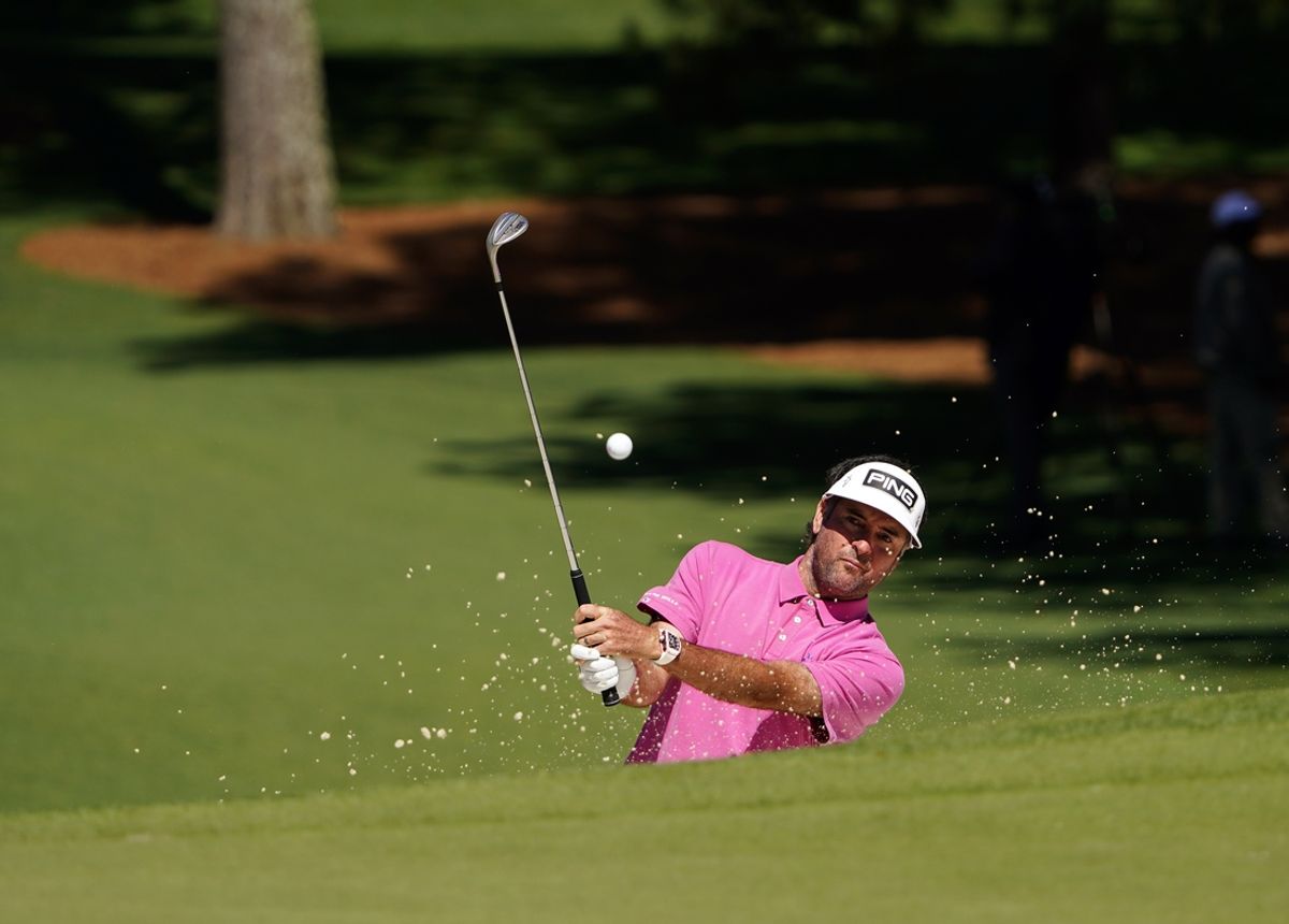Apr 12, 2024; Augusta, Georgia, USA; Bubba Watson hits out of a bunker on No. 7 during the second round of the Masters Tournament. Mandatory Credit: Katie Goodale-USA TODAY Network