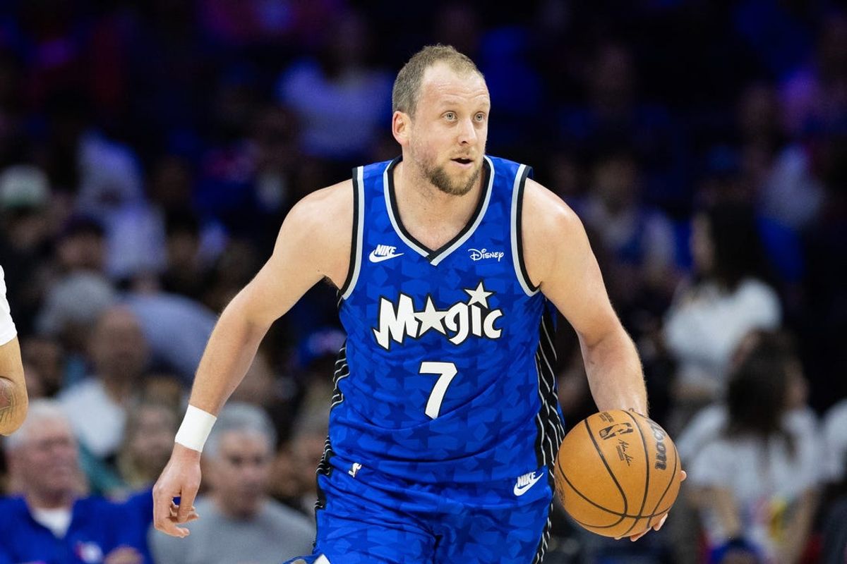Apr 12, 2024; Philadelphia, Pennsylvania, USA; Orlando Magic guard Joe Ingles (7) dribbles the ball against the Philadelphia 76ers during the second quarter at Wells Fargo Center. Mandatory Credit: Bill Streicher-USA TODAY Sports
