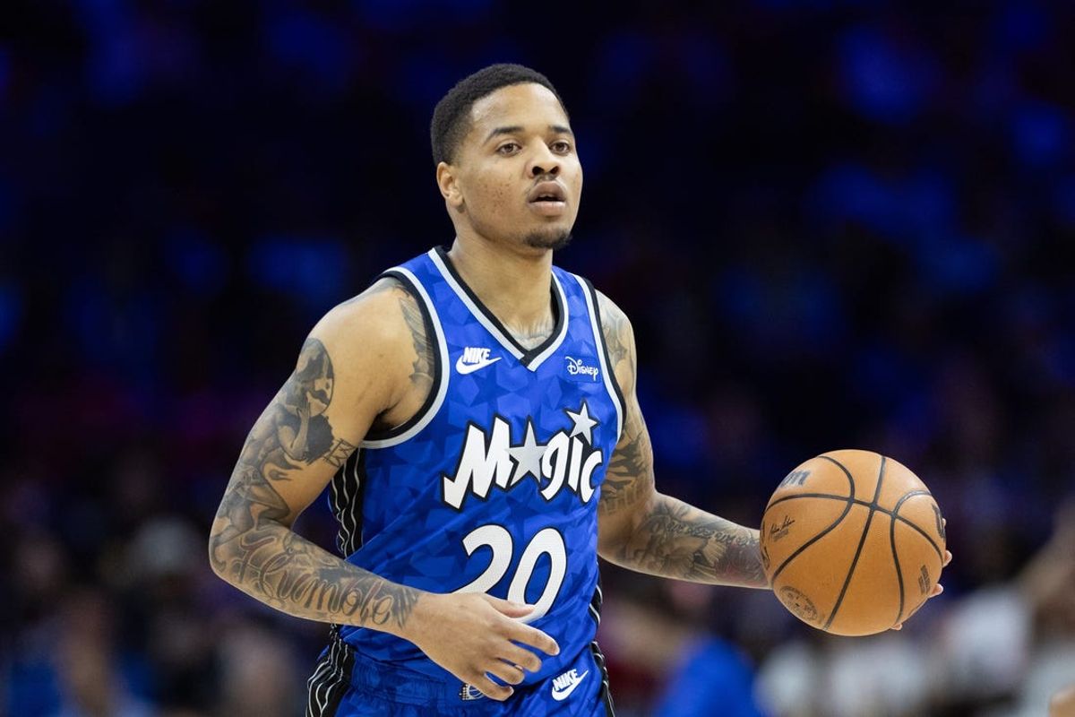 Apr 12, 2024; Philadelphia, Pennsylvania, USA; Orlando Magic guard Markelle Fultz (20) dribbles the ball against the Philadelphia 76ers during the second quarter at Wells Fargo Center. Mandatory Credit: Bill Streicher-Imagn Images