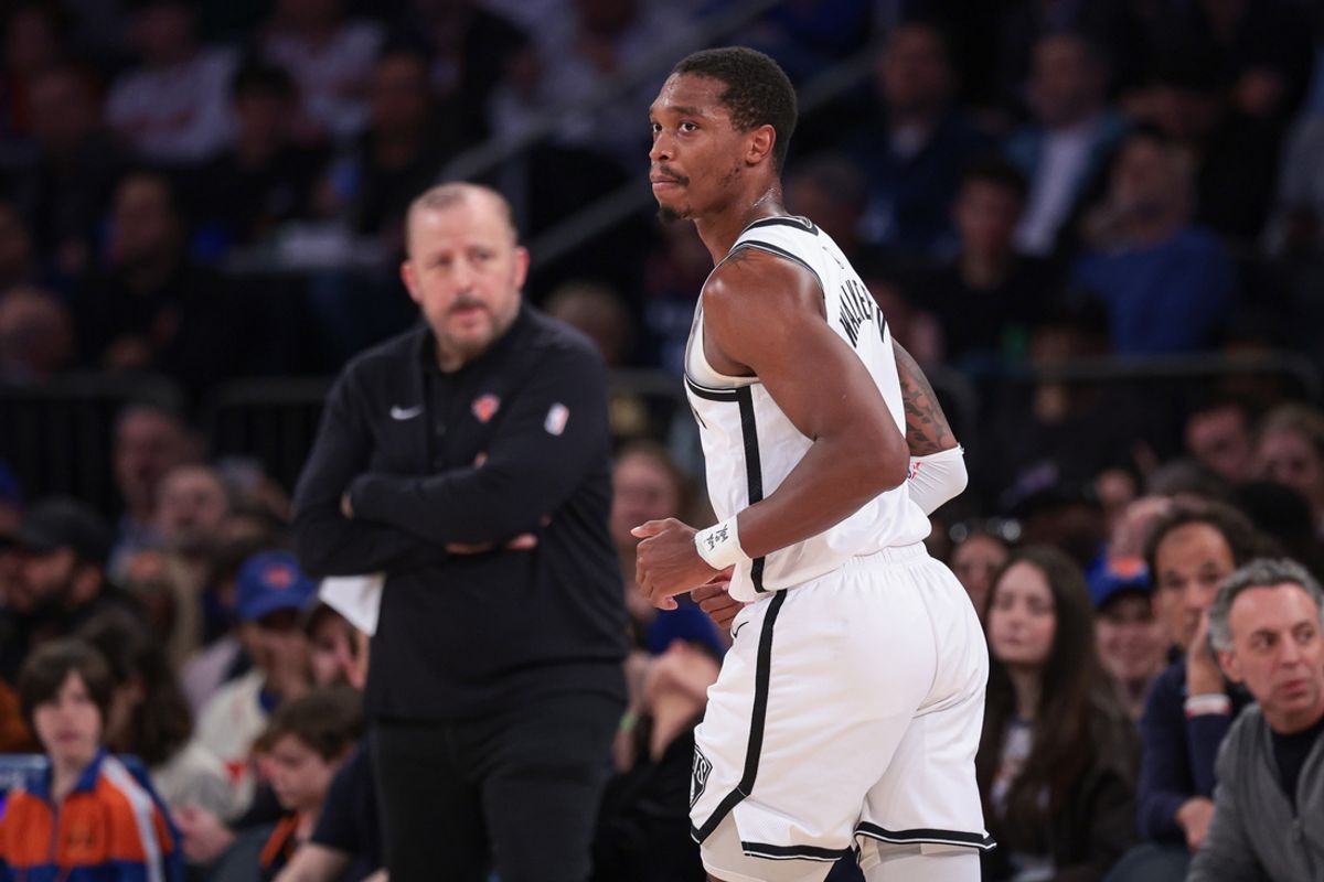 Apr 12, 2024; New York, New York, USA; Brooklyn Nets guard Lonnie Walker IV (8) runs up court after a basket in front of New York Knicks head coach Tom Thibodeau during the first half at Madison Square Garden. Mandatory Credit: Vincent Carchietta-USA TODAY Sports