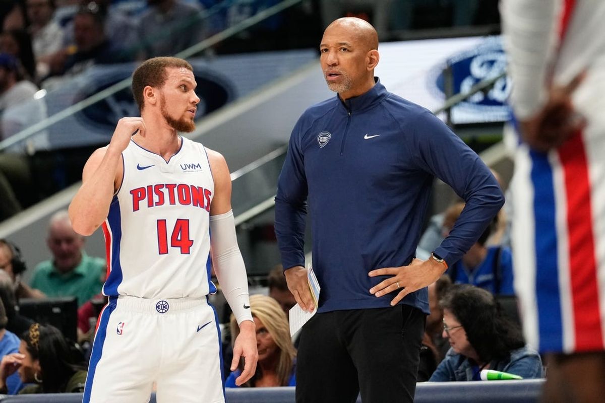 Apr 12, 2024; Dallas, Texas, USA; Detroit Pistons head coach Monty Williams speaks with Detroit Pistons guard Malachi Flynn (14) during a break in play against the Dallas Mavericks during the first half at American Airlines Center. Mandatory Credit: Chris Jones-USA TODAY Sports