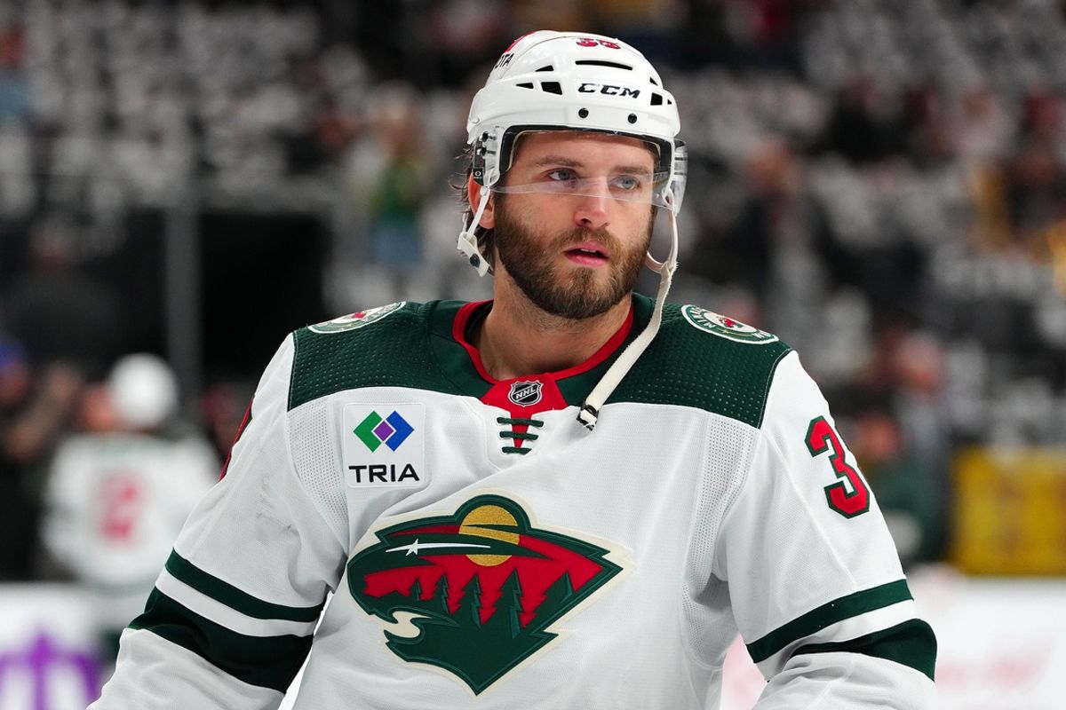 Apr 12, 2024; Las Vegas, Nevada, USA; Minnesota Wild defenseman Alex Goligoski (33) warms up before the start of a game against the Vegas Golden Knights at T-Mobile Arena. Mandatory Credit: Stephen R. Sylvanie-Imagn Images
