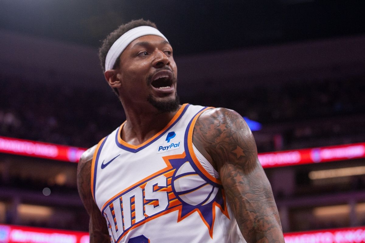 Apr 12, 2024; Sacramento, California, USA; Phoenix Suns guard Bradley Beal (3) reacts to a call during the second quarter at Golden 1 Center. Mandatory Credit: Ed Szczepanski-Imagn Images