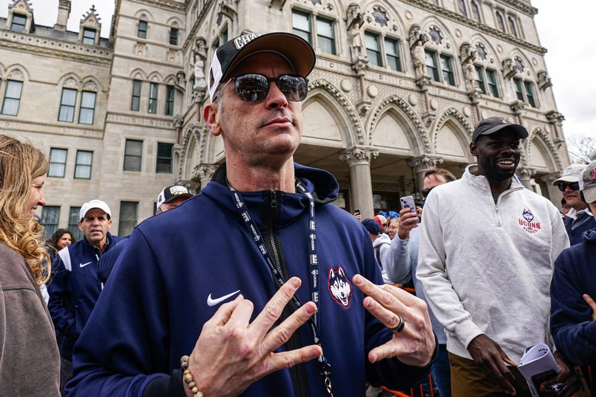 Apr 13, 2024; Hartford, CT, USA; UConn Huskies head coach Dan Hurley and his players leave the State Capitol to start the teams NCAA Mens Basketball Championship victory parade. Mandatory Credit: David Butler II-USA TODAY Sports