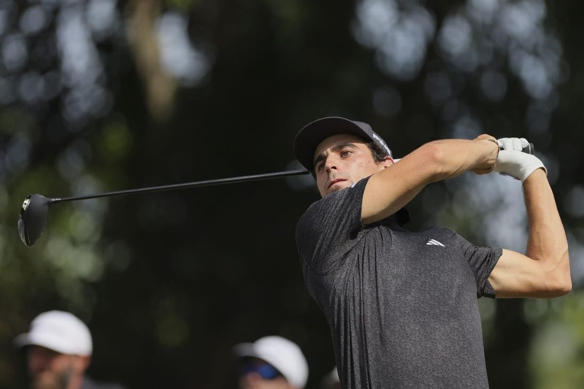 Oct 22, 2023; Doral, Florida, USA; Joaquin Niemann plays his shot from the seventh tee during the final round of the LIV Golf Miami golf tournament at Trump National Doral.
