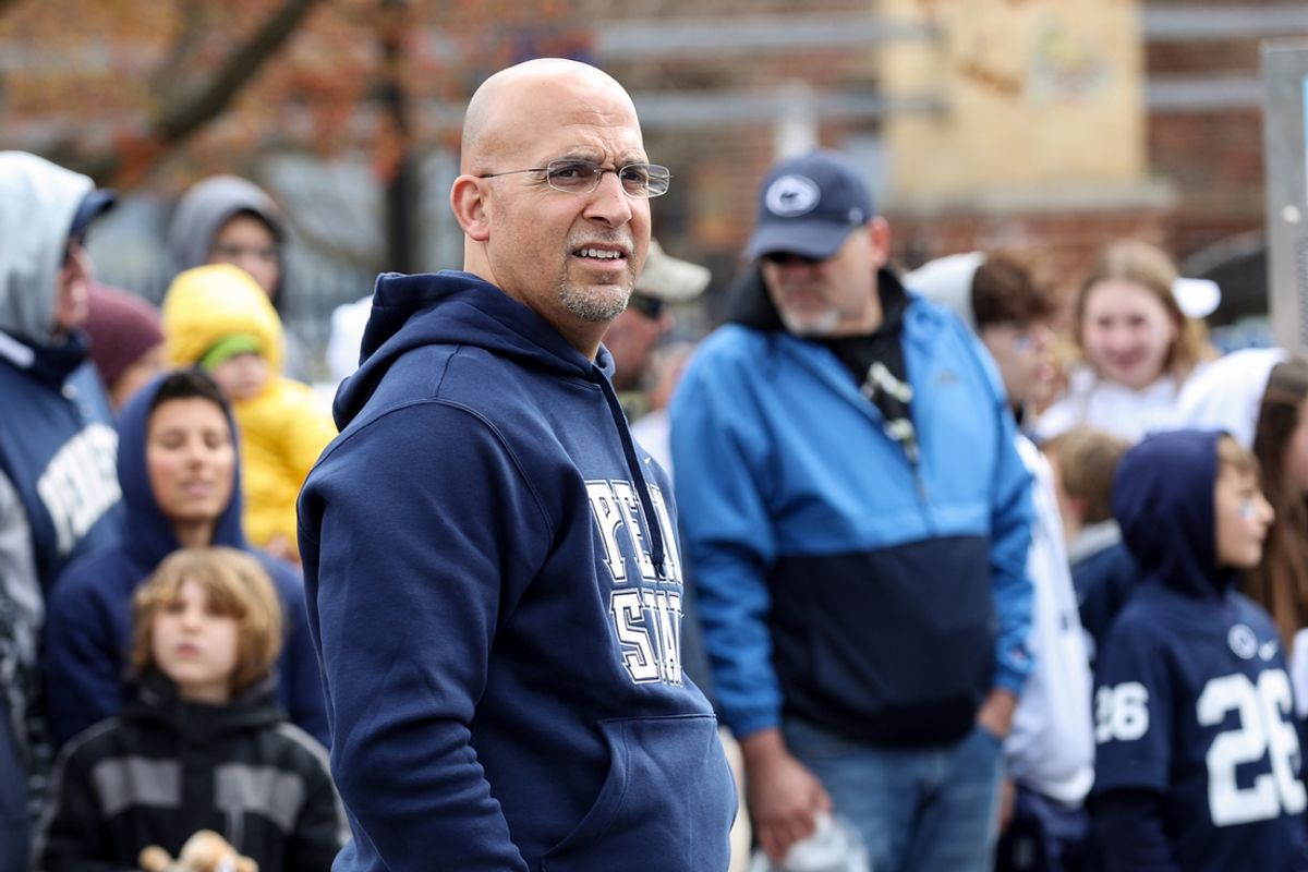 Apr 13, 2024; University Park, PA, USA; Penn State Nittany Lions head coach James Franklin looks on after exiting the team bus prior to the Blue White spring game at Beaver Stadium. Mandatory Credit: Matthew O'Haren-USA TODAY Sports