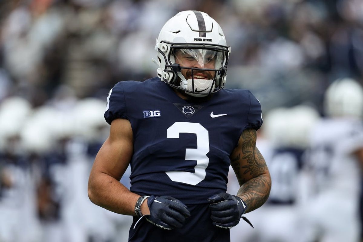 Apr 13, 2024; University Park, PA, USA; Penn State Nittany Lions wide receiver Julian Fleming (3) lines up on the line of scrimmage during a warmup practice prior to the Blue White spring game at Beaver Stadium. Mandatory Credit: Matthew O'Haren-Imagn Images