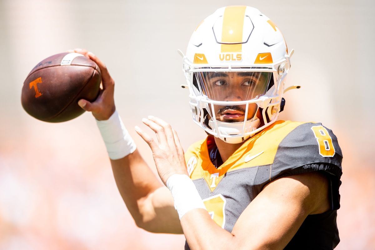 Tennessee quarterback Nico Iamaleava (8) during Tennessee's Orange and White spring football game at Neyland Stadium on Saturday, April 13, 2024.