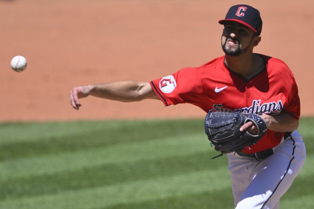 Apr 13, 2024; Cleveland, Ohio, USA; Cleveland Guardians pitcher Nick Sandlin (52) delivers a pitch in the fifth inning against the New York Yankees at Progressive Field. Mandatory Credit: David Richard-USA TODAY Sports