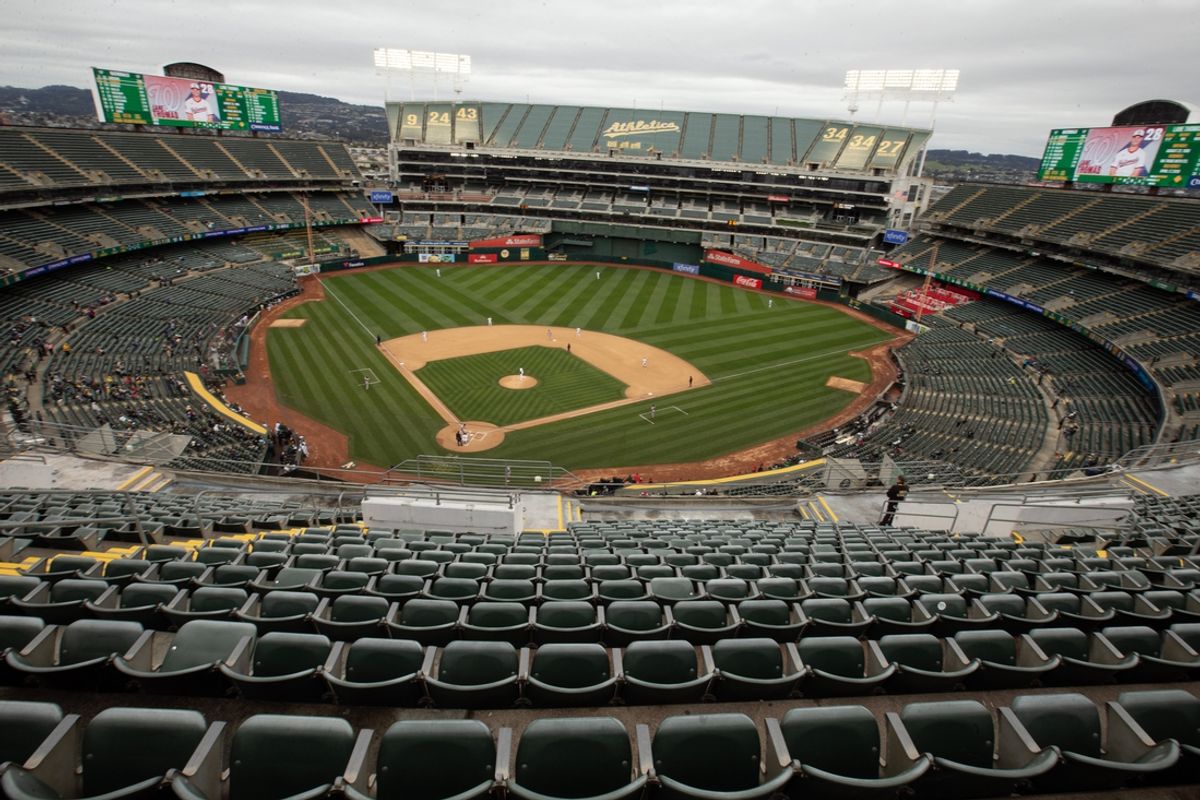 Apr 13, 2024; Oakland, California, USA; A view of empty seats for the game between the Oakland Athletics and Washington Nationals during the first inning at Oakland-Alameda County Coliseum. Mandatory Credit: D. Ross Cameron-USA TODAY Sports