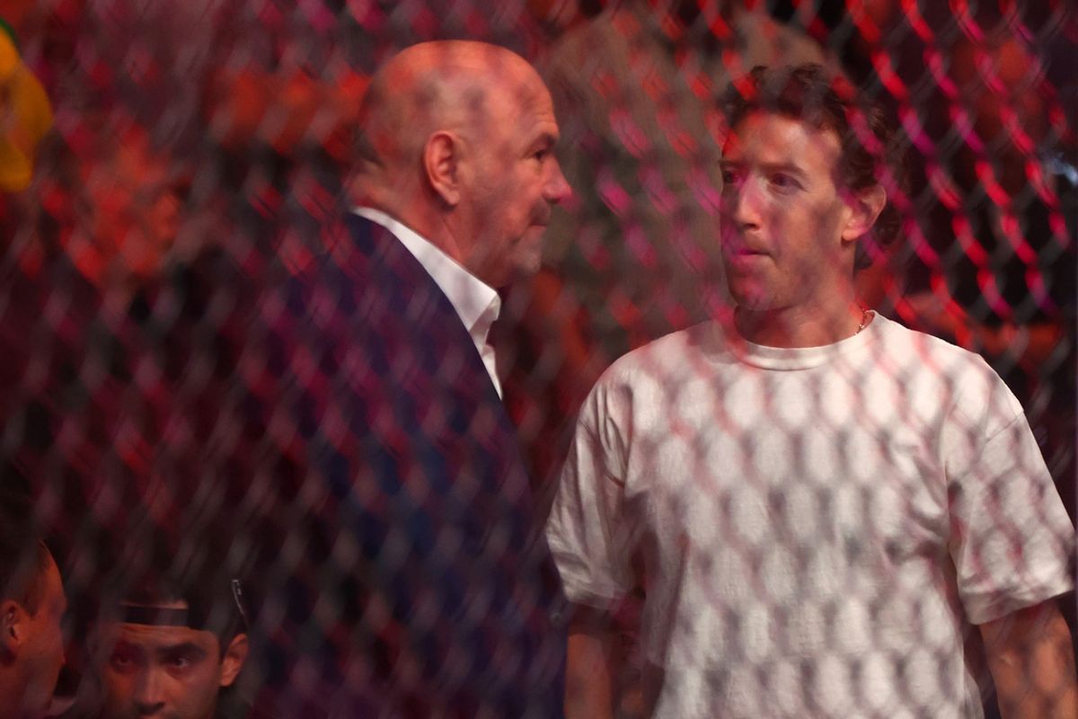Apr 13, 2024; Las Vegas, Nevada, USA; Mark Zuckerberg (right) and Dana White (left) during UFC 300 at T-Mobile Arena. Mandatory Credit: Mark J. Rebilas-Imagn Images