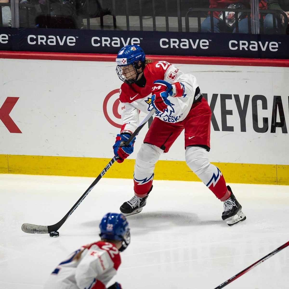 Czechia's Noemi Neubauerova controls the puck at the Adirondack Bank Center in Utica, NY on Saturday, April 13, 2024.