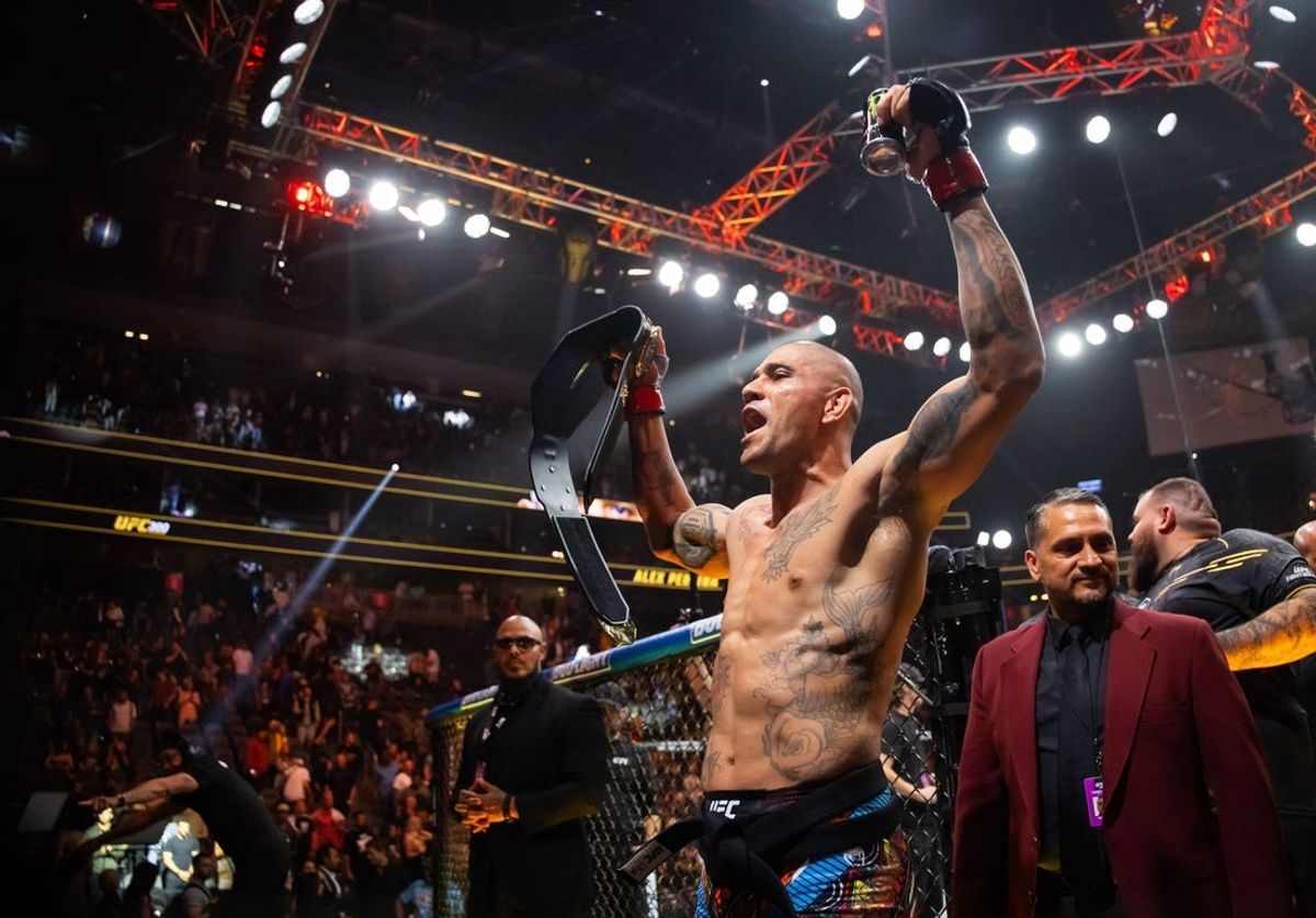 Apr 13, 2024; Las Vegas, Nevada, USA; Alex Pereira celebrates after defeating Jamahal Hill (not pictured) during UFC 300 at T-Mobile Arena. Mandatory Credit: Mark J. Rebilas-USA TODAY Sports