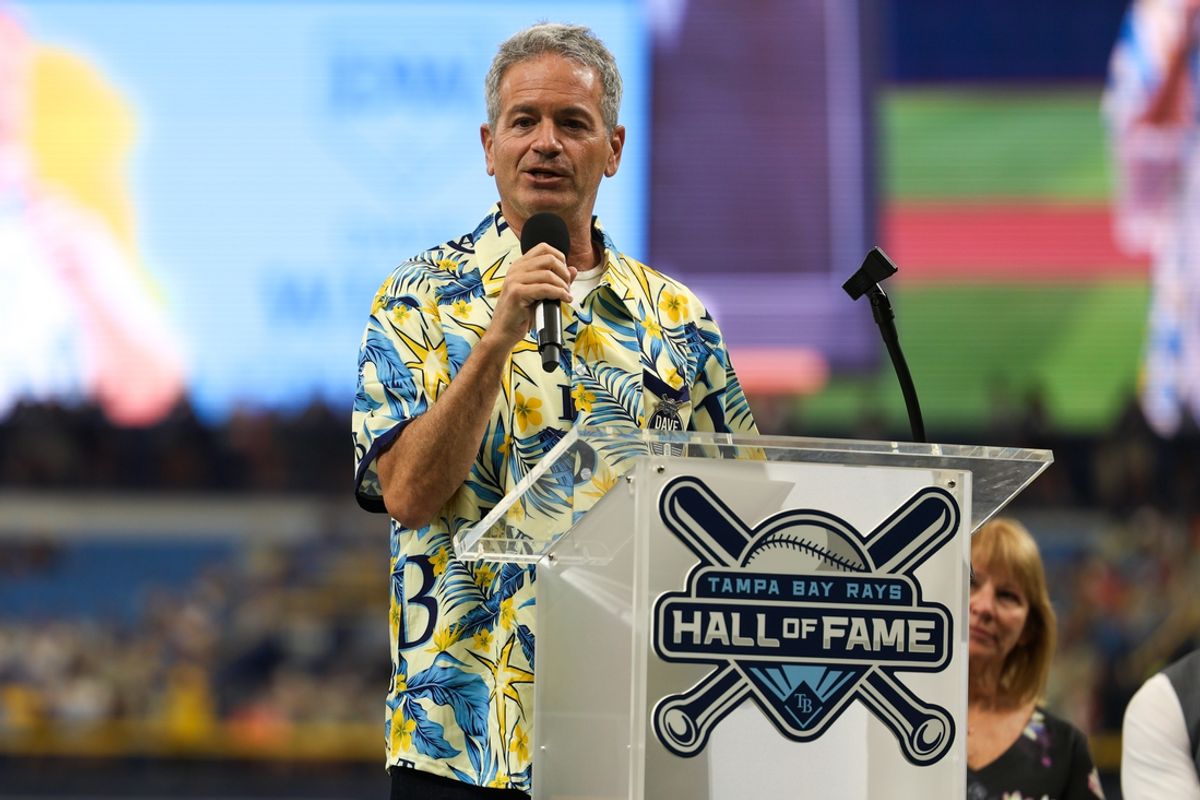 Apr 14, 2024; St. Petersburg, Florida, USA;  Tampa Bay Rays owner Stuart Sternberg speaks before a game against the San Francisco Giants at Tropicana Field. Mandatory Credit: Nathan Ray Seebeck-Imagn Images