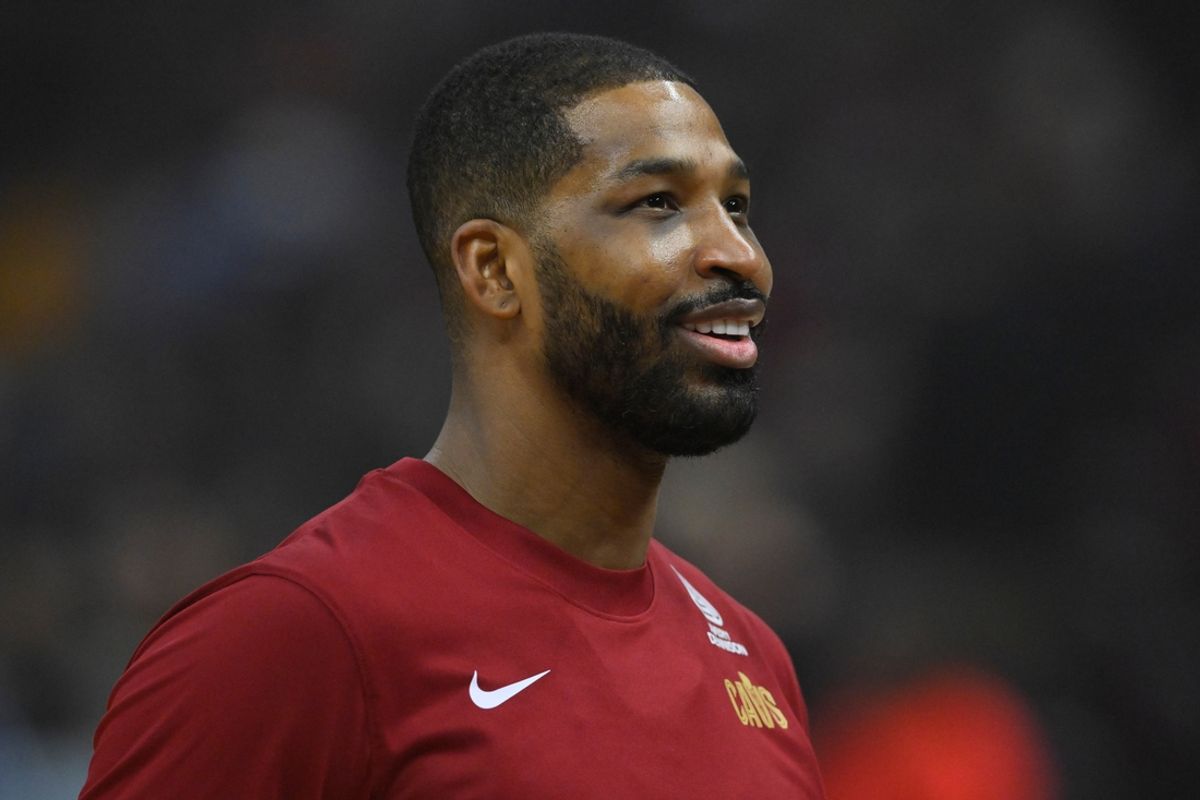 Apr 14, 2024; Cleveland, Ohio, USA; Cleveland Cavaliers center Tristan Thompson (13) stands on the court before a game against the Charlotte Hornets at Rocket Mortgage FieldHouse. Mandatory Credit: David Richard-Imagn Images