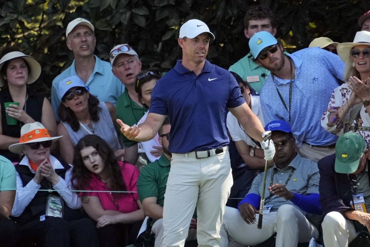 Apr 14, 2024; Augusta, Georgia, USA; Rory McIlroy plays his shot from the 16th tee during the final round of the Masters Tournament. Mandatory Credit: Michael Madrid-Imagn Images