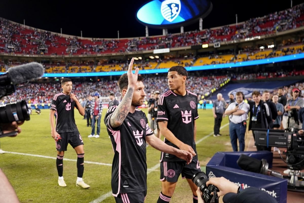 Apr 13, 2024; Kansas City, Kansas, USA; Inter Miami CF forward Lionel Messi (10) acknowledges fans after the game against Sporting Kansas City at Children's Mercy Park. Mandatory Credit: Denny Medley-Imagn Images