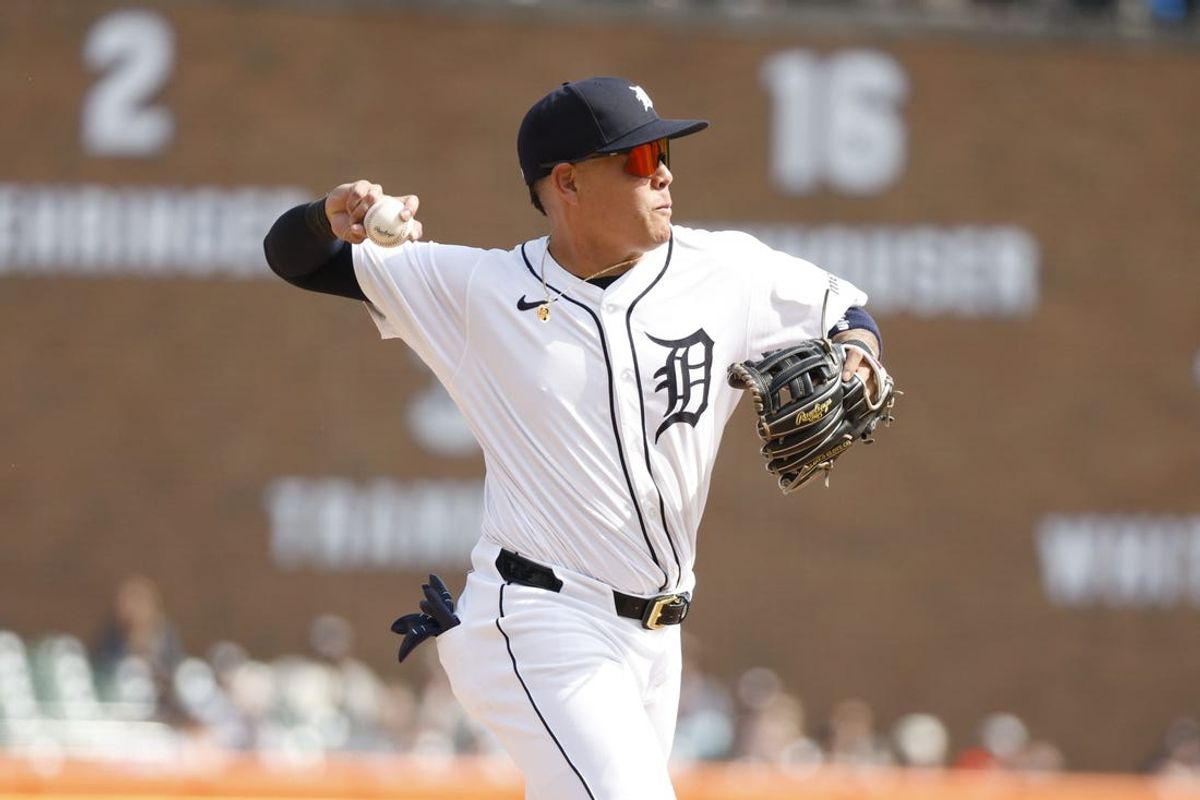 Apr 14, 2024; Detroit, Michigan, USA; Detroit Tigers third baseman Gio Urshela (13) throws the ball to first during the game against the Minnesota Twins at Comerica Park. Mandatory Credit: Brian Bradshaw Sevald-USA TODAY Sports
