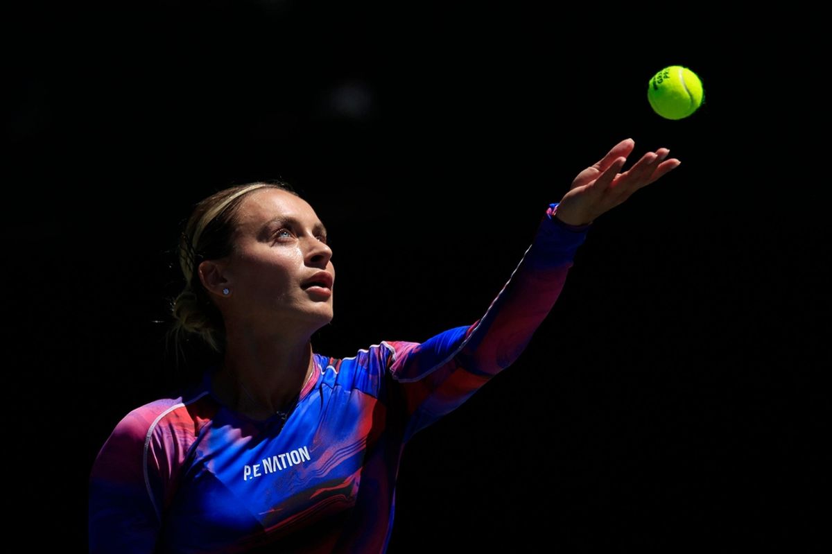 Romania's Ana Bogdan serves during the Billie Jean King Cup women's tennis tournament Saturday, April 13, 2024 at Racquet Park at Omni Amelia Island in Fernandina Beach, Fla. Romania's Ana Bogdan defeated Ukraine's Elina Svitolina 6-4, 4-6, 6-3.